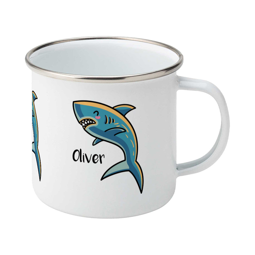 kawaii cute shark design on a silver rimmed white enamel mug, showing RHS