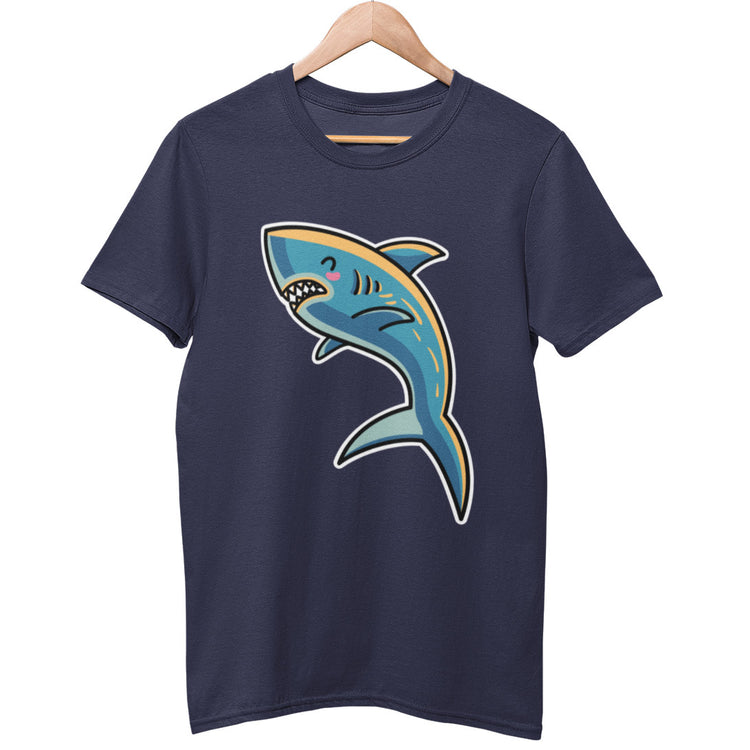 A navy unisex crewneck t-shirt on a wooden hanger with a design on its chest of a kawaii cute dark turquoise shark with golden yellow highlights