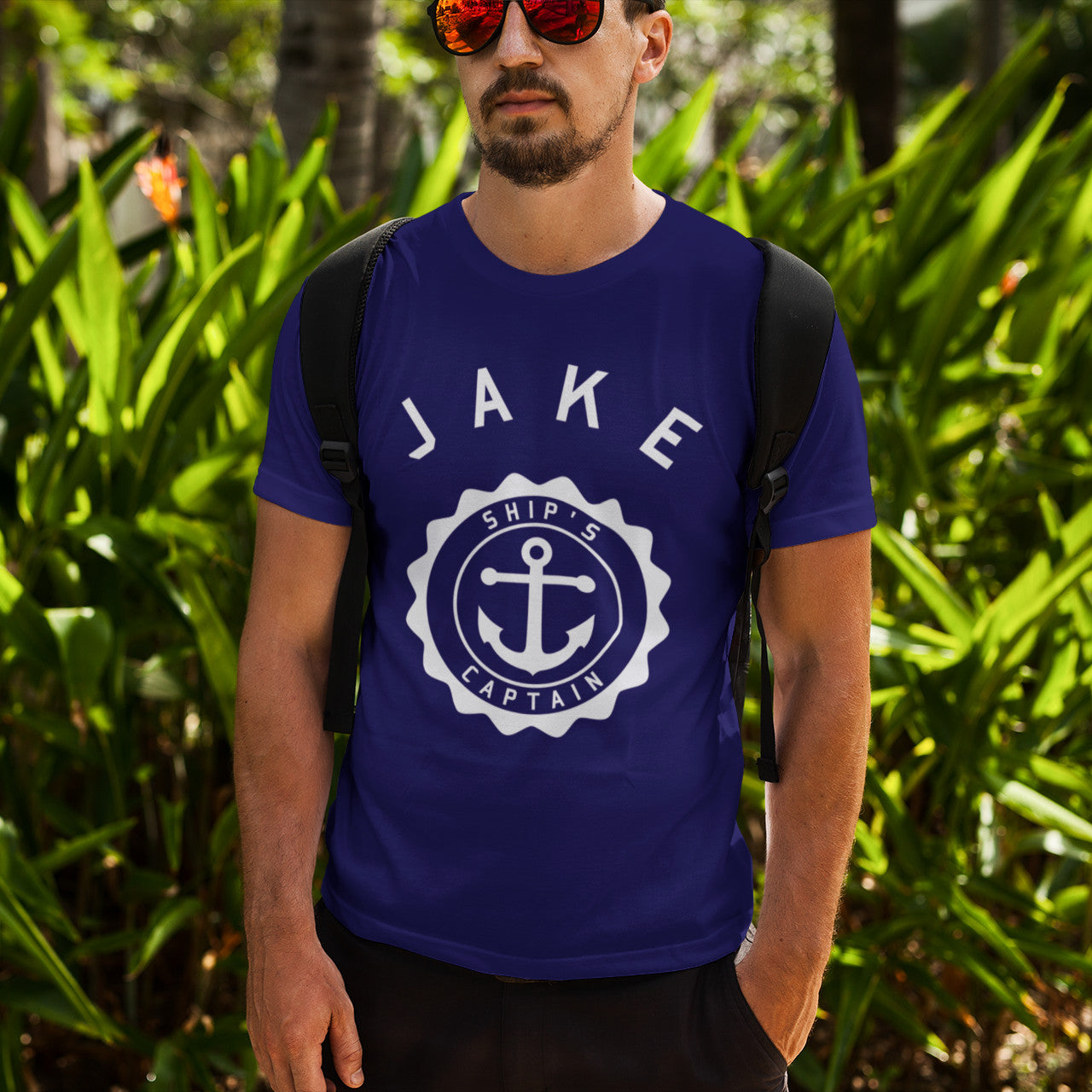 Man wearing ship's captain personalised navy cotton crewneck t-shirt