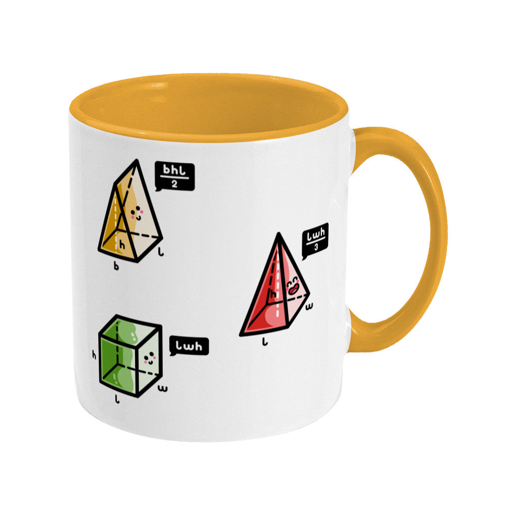 A two toned white and yellow ceramic mug with the handle to the right showing three colourful 3D shapes with faces and speech bubbles stating the equation for working out their volume