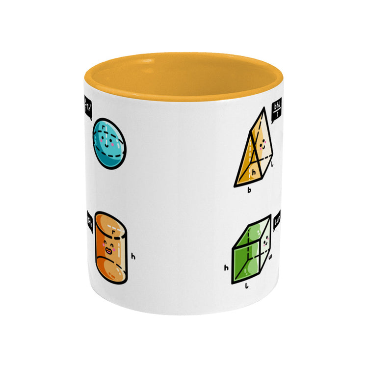 A two toned white and yellow ceramic mug, showing the side opposite the handle, with four colourful 3D shapes with faces and speech bubbles stating the equation for working out their volume