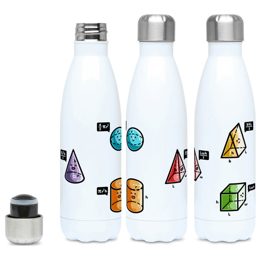 A tall white stainless steel drinks bottle, shown with lid on and off and from three angles. Colourful 3D shapes with faces and speech bubbles stating the equation for working out their volume are spaced around the bottle.