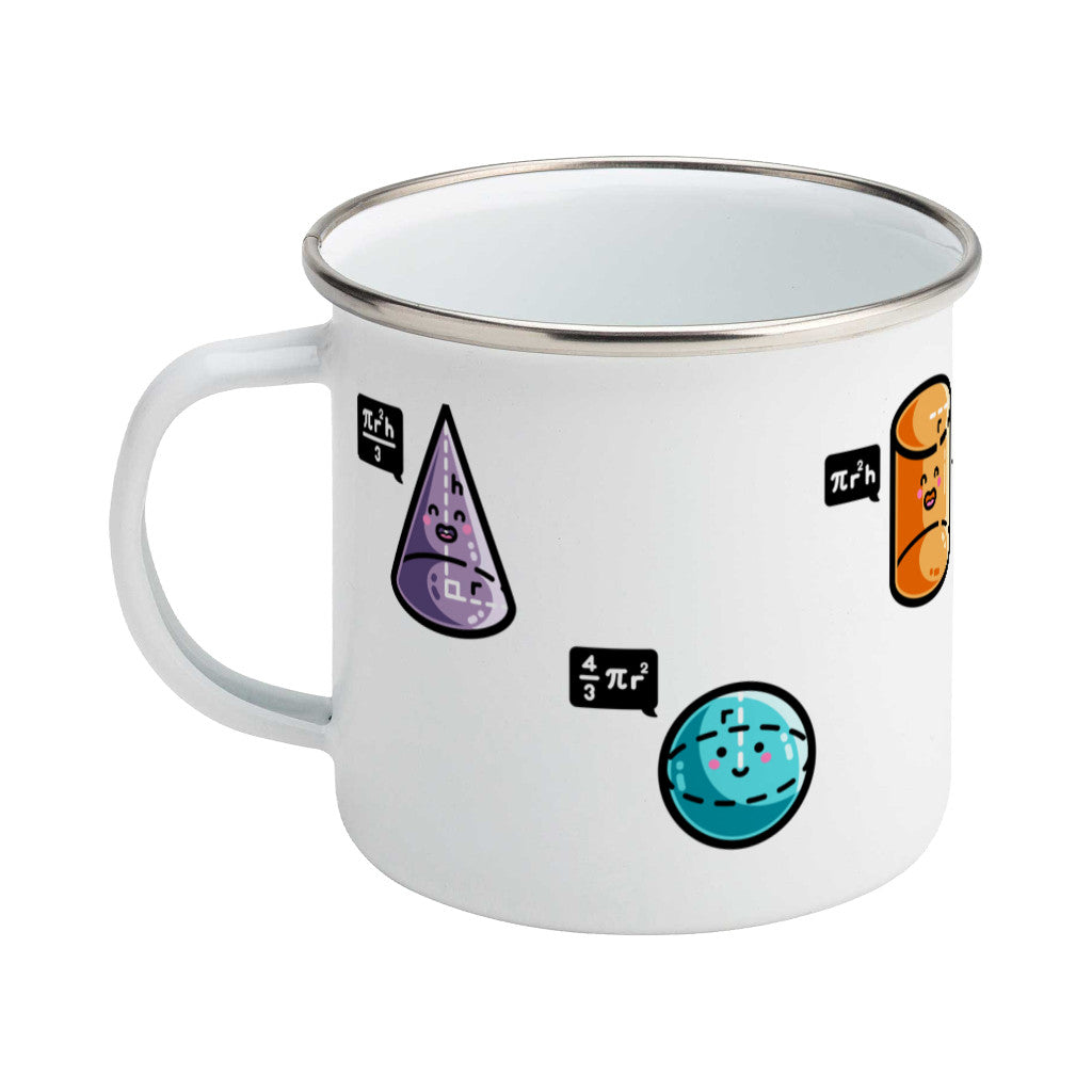 A silver rimmed white enamel mug with the handle to the left showing three colourful 3D shapes with faces and speech bubbles stating the equation for working out their volume