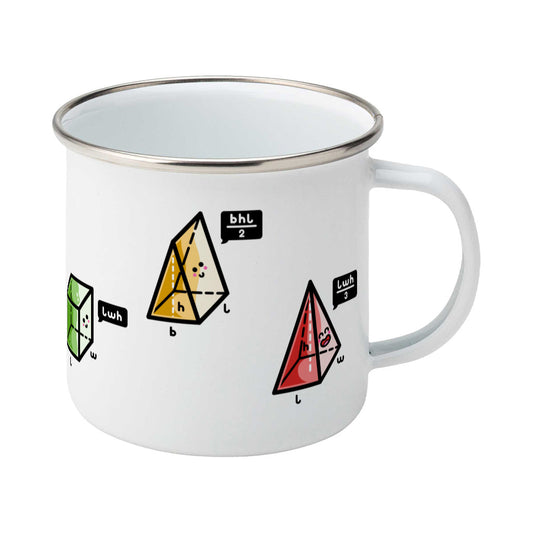 A silver rimmed white enamel mug with the handle to the right showing three colourful 3D shapes with faces and speech bubbles stating the equation for working out their volume