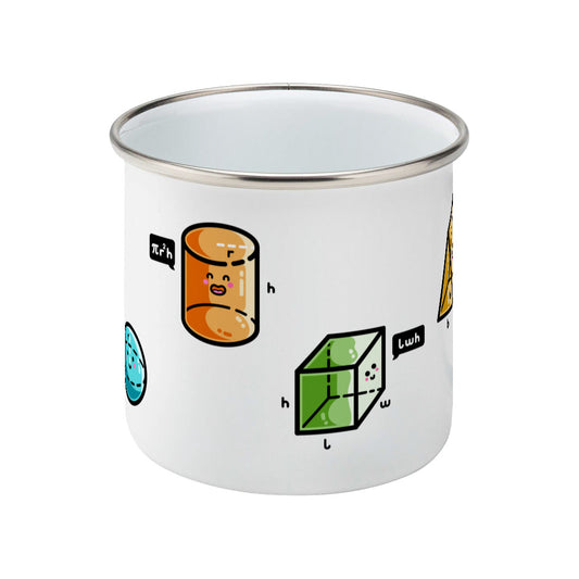 A silver rimmed white enamel mug seen from the side opposite the handle and showing colourful 3D shapes with faces and speech bubbles stating the equation for working out their volume