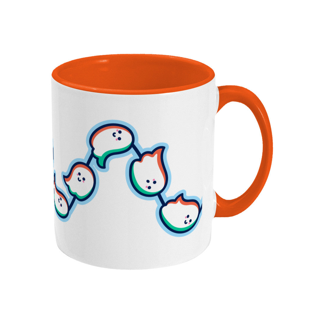 A white mug with an orange handle and inside, with a design of a wavy line of cute ghosts flying from left to right around the mug. Handle on right.