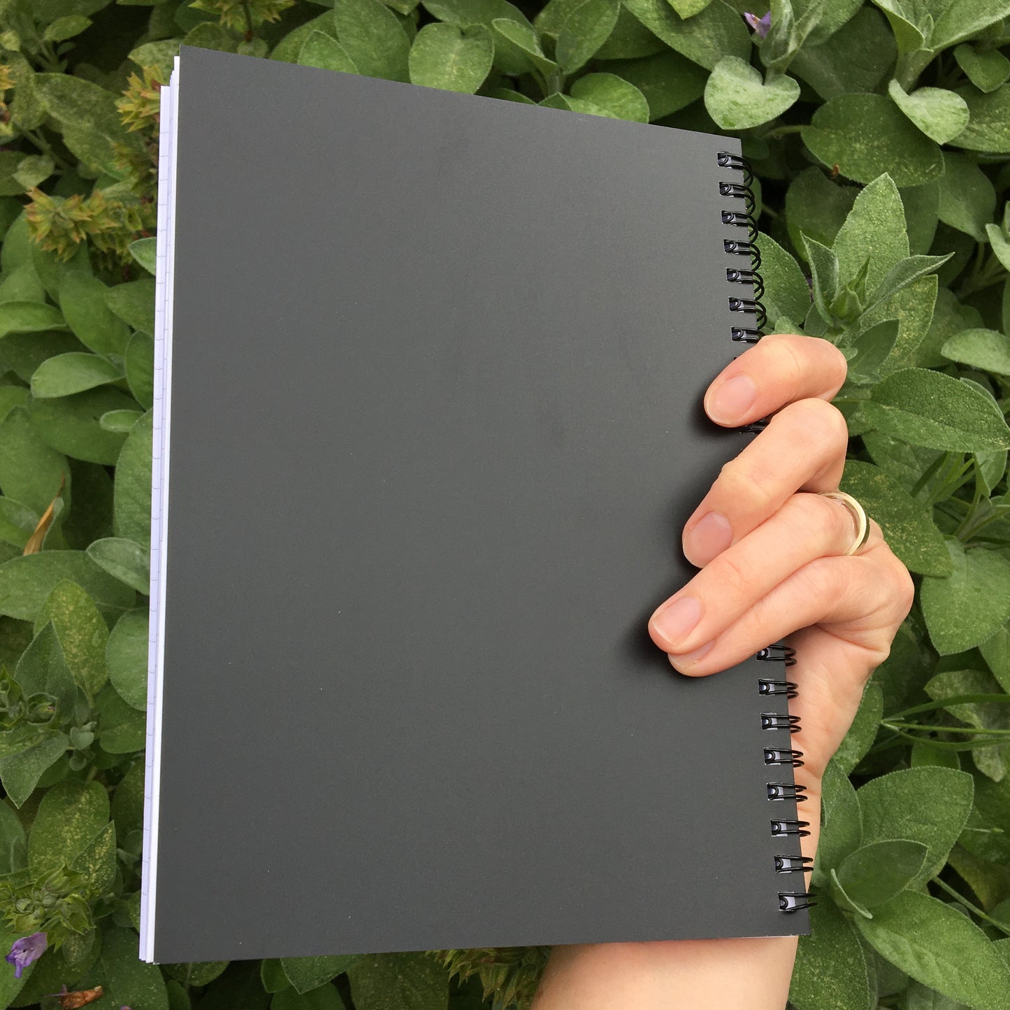 A spiral notebook held in a hand showing the back cover which is black. The metal spiral rings are also black.