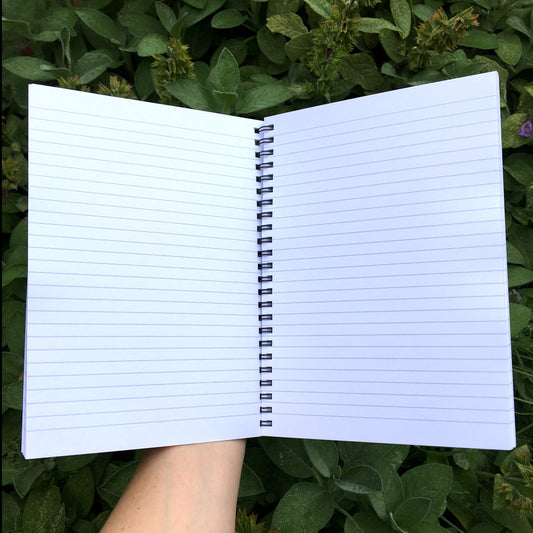 A spiral notebook held open in a hand, showing lined pages. The metal spiral rings are black.