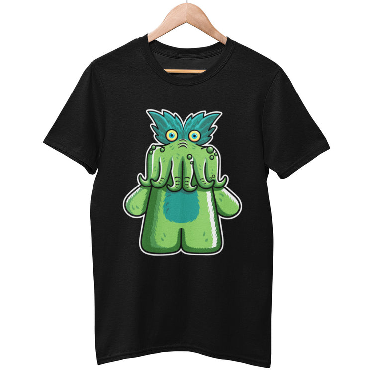 A black unisex crewneck t-shirt on a hanger with a design on its chest of a StarKid tickle-me-wiggly Black Friday musical green plush toy