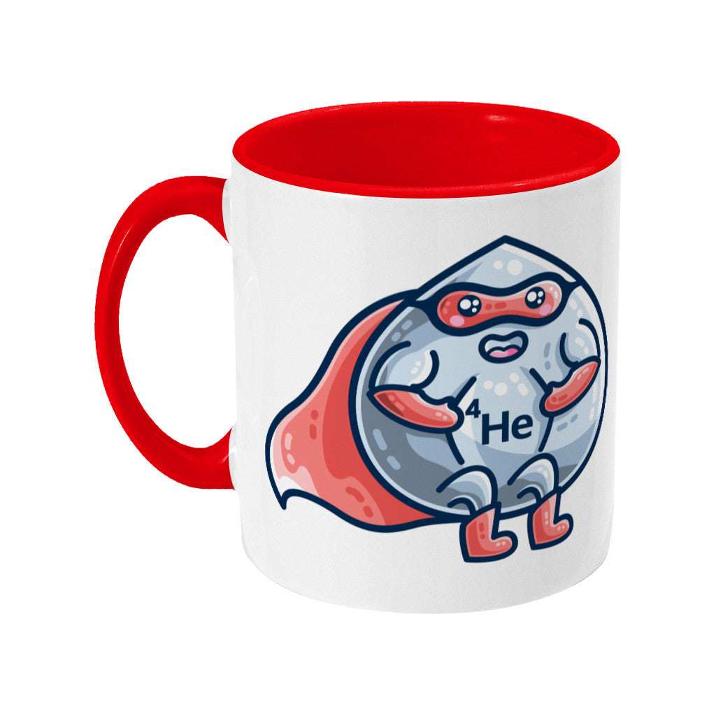 A red and white two toned ceramic mug with a picture of a droplet of liquid wearing a red superhero costume with 4He on its chest - back view
