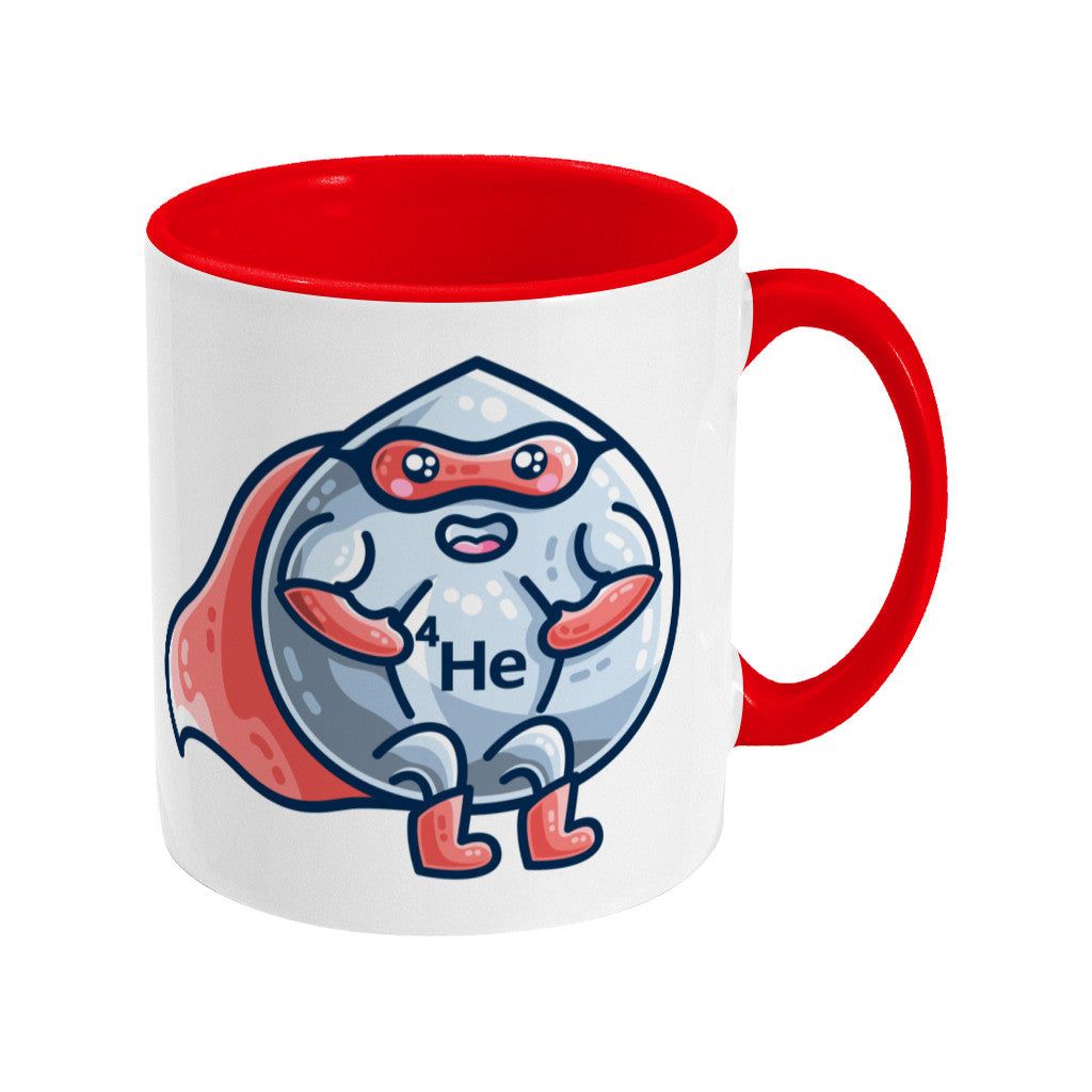 A red and white two toned ceramic mug with a picture of a droplet of liquid wearing a red superhero costume with 4He on its chest - front view