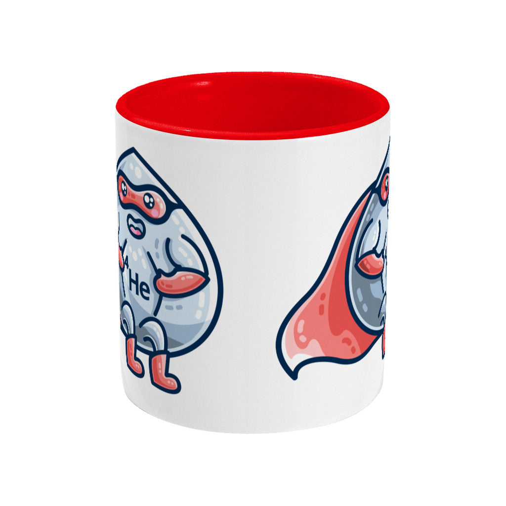 A red and white two toned ceramic mug with a picture of a droplet of liquid wearing a red superhero costume with 4He on its chest - side view