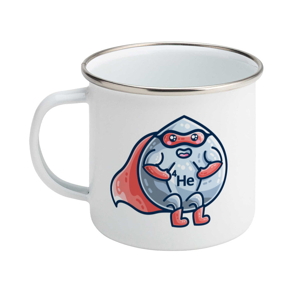 A silver rimmed enamel mug with a picture of a liquid droplet wearing a red superhero costume wth 4He on its chest - back view