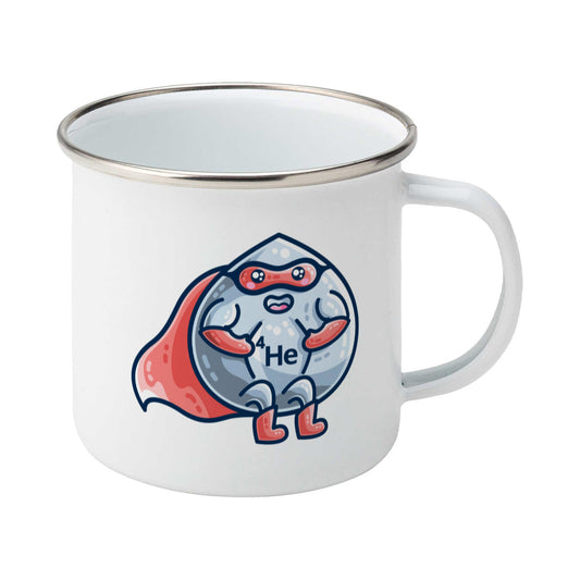 A silver rimmed enamel mug with a picture of a liquid droplet wearing a red superhero costume wth 4He on its chest - front view
