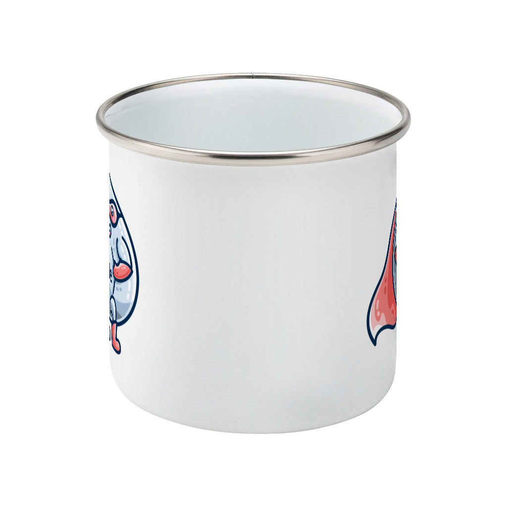 A silver rimmed enamel mug with a picture of a liquid droplet wearing a red superhero costume wth 4He on its chest - side view