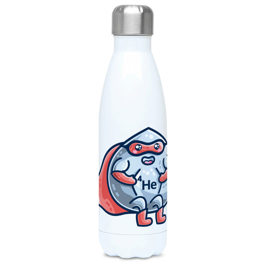 A white stainless steel drink bottle with a picture of a liquid droplet wearing a red superhero costume with 4He on its chest - front view with lid on