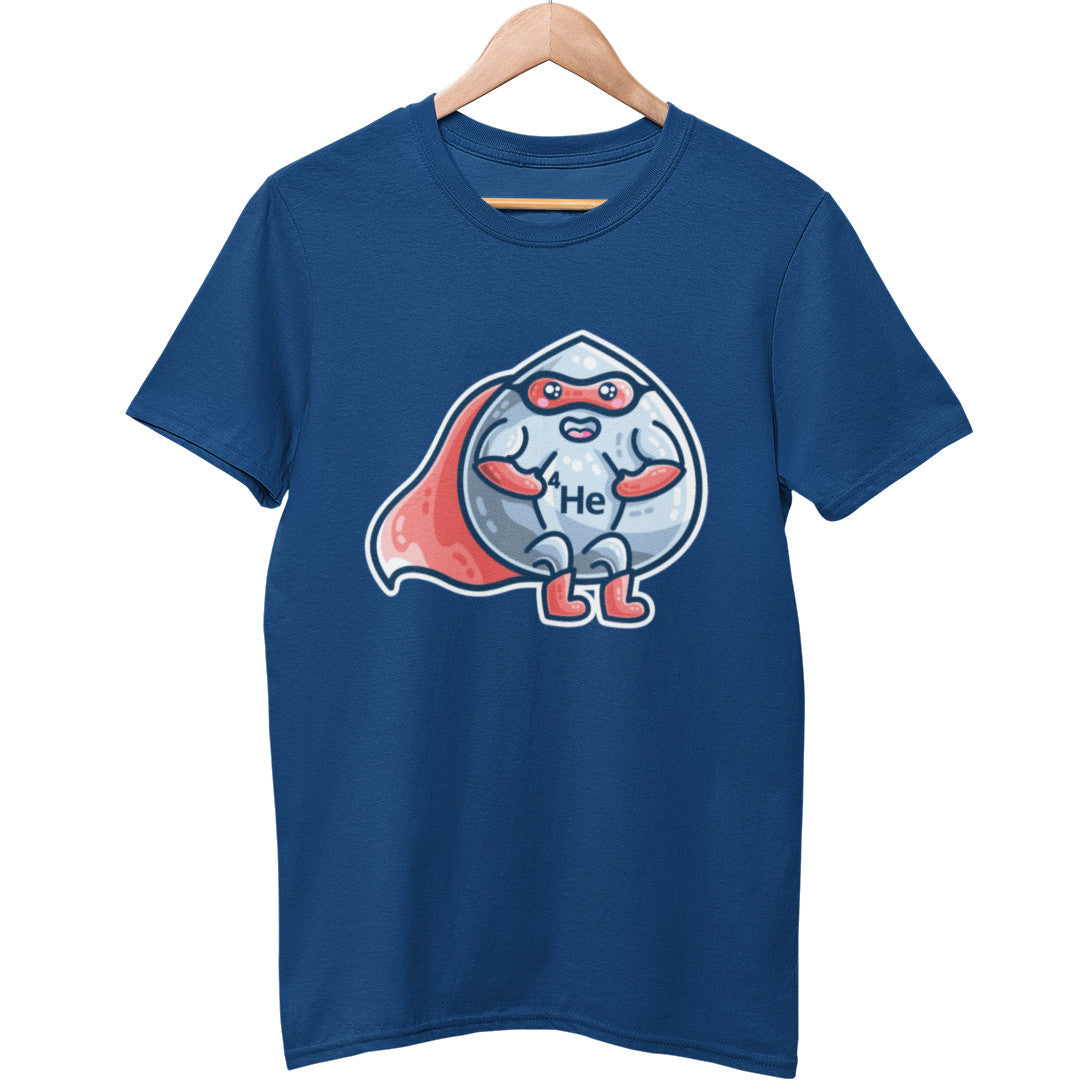 A blue unisex crewneck t-shirt on a wooden hanger with a design on its chest of a kawaii cute pale blue droplet of helium wearing a red superhero cape, glove, boots and eye mask and 4He on its chest
