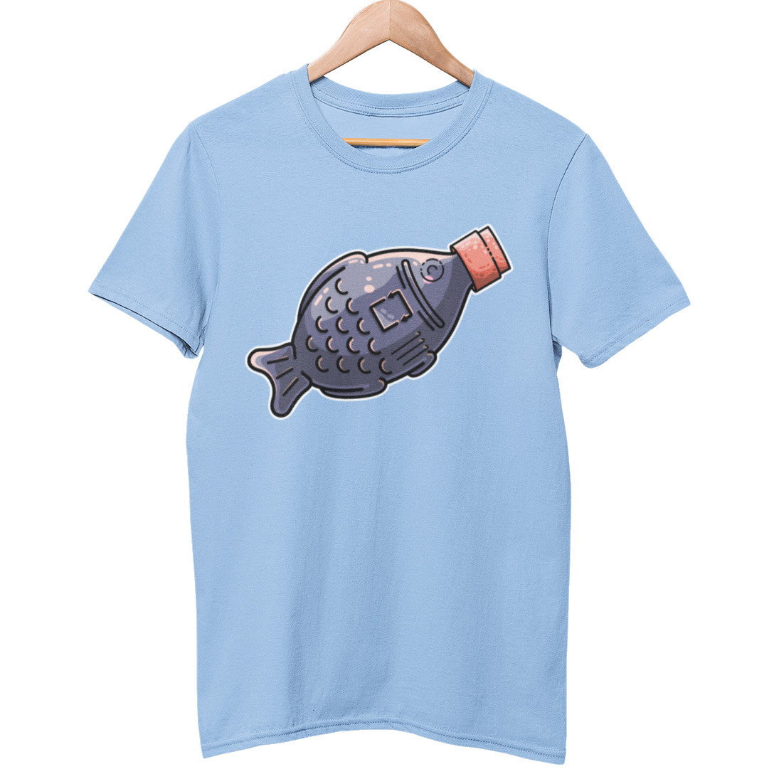 A pale blue unisex crewneck t-shirt on a hanger with a design on its chest of a kawaii cute plastic soy fish filled with black soy sauce and with a red cap seen side on facing to the right and at a diagonal angle