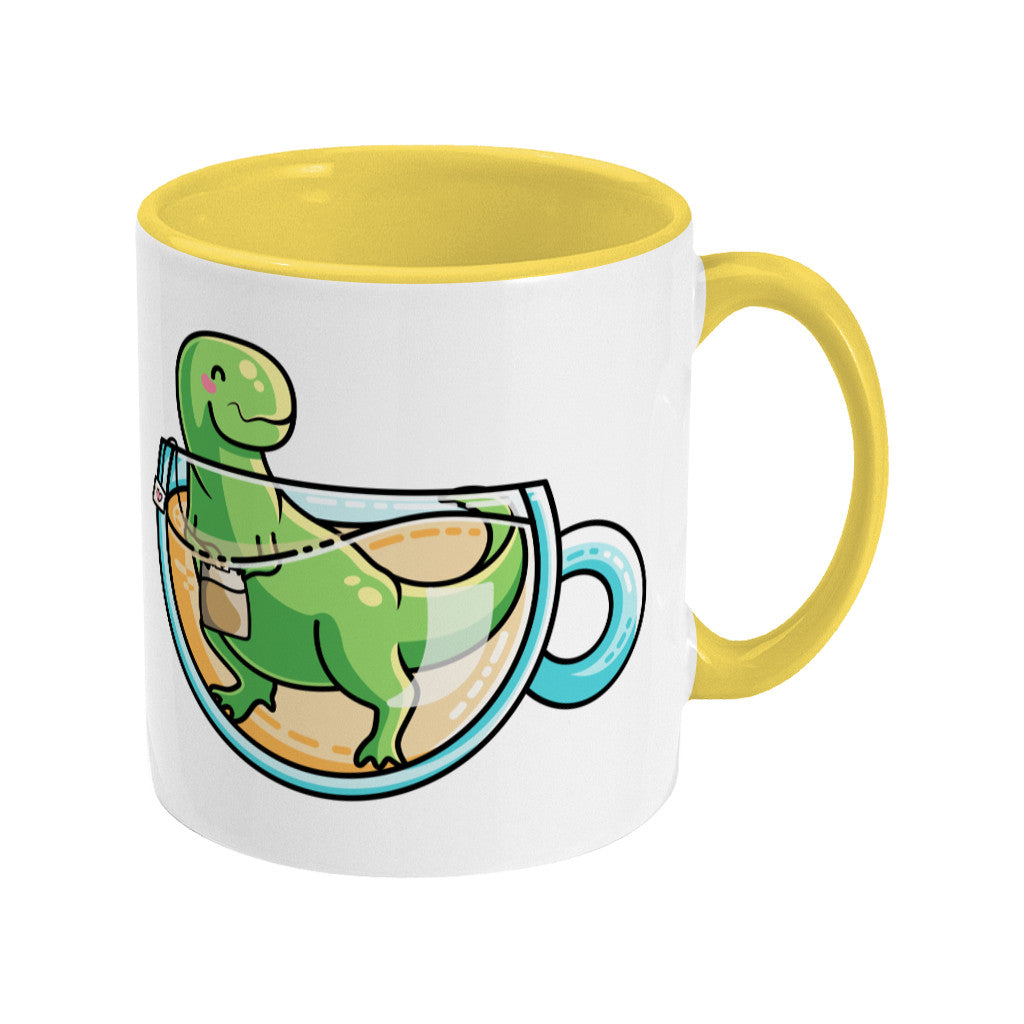 Green tyrannosaurus rex dinosaur in a glass teacup design on a two toned yellow and white ceramic mug, showing RHS