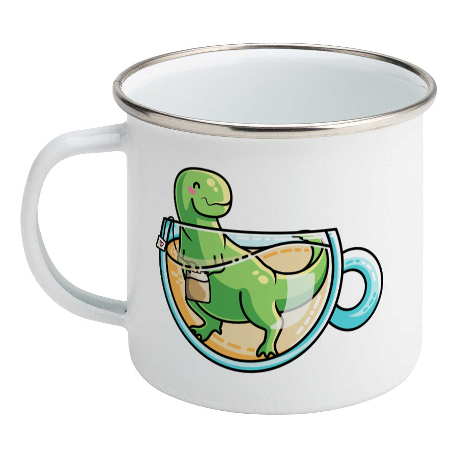 Green tyrannosaurus rex dinosaur in a glass teacup design on a silver rimmed white enamel mug, showing LHS