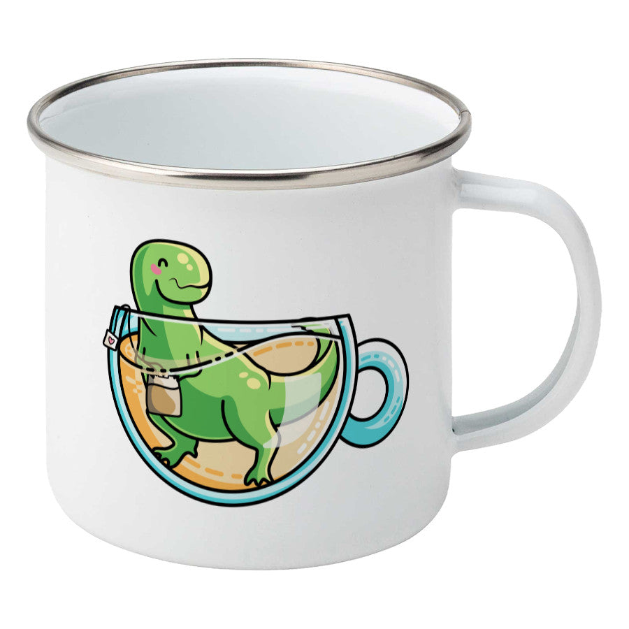 Green tyrannosaurus rex dinosaur in a glass teacup design on a silver rimmed white enamel mug, showing RHS
