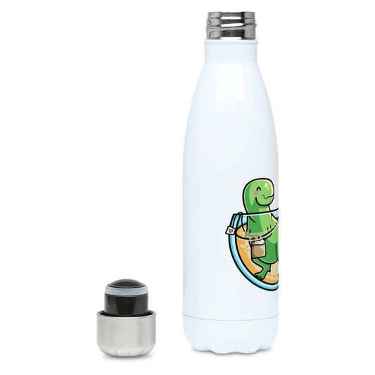 Green tyrannosaurus rex dinosaur in a glass teacup design on a white metal insulated drinks bottle, lid off
