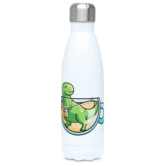 Green tyrannosaurus rex dinosaur in a glass teacup design on a white metal insulated drinks bottle, lid on