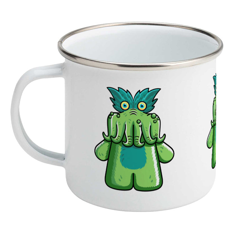 StarKid tickle-me-wiggly plush toy on a silver rimmed white enamel mug, showing LHS