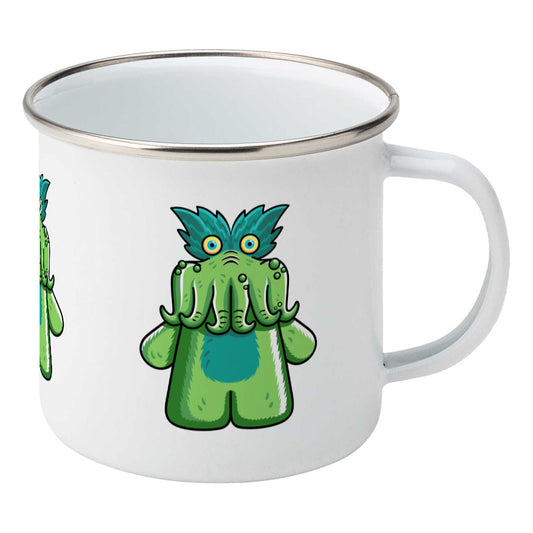 StarKid tickle-me-wiggly plush toy on a silver rimmed white enamel mug, showing RHS
