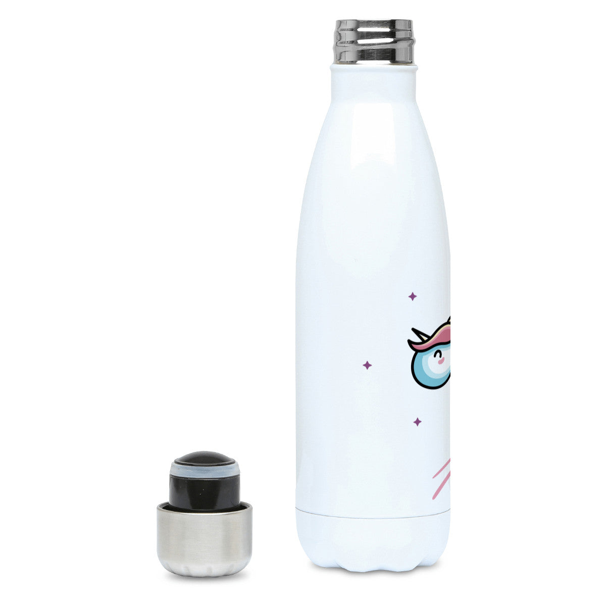 cute pastel coloured leaping unicorn and personalised name on a white metal insulated drinks bottle, lid off