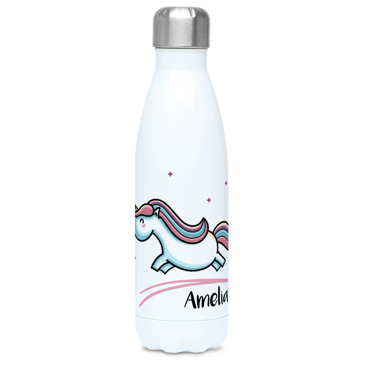 cute pastel coloured leaping unicorn and personalised name on a white metal insulated drinks bottle, lid on