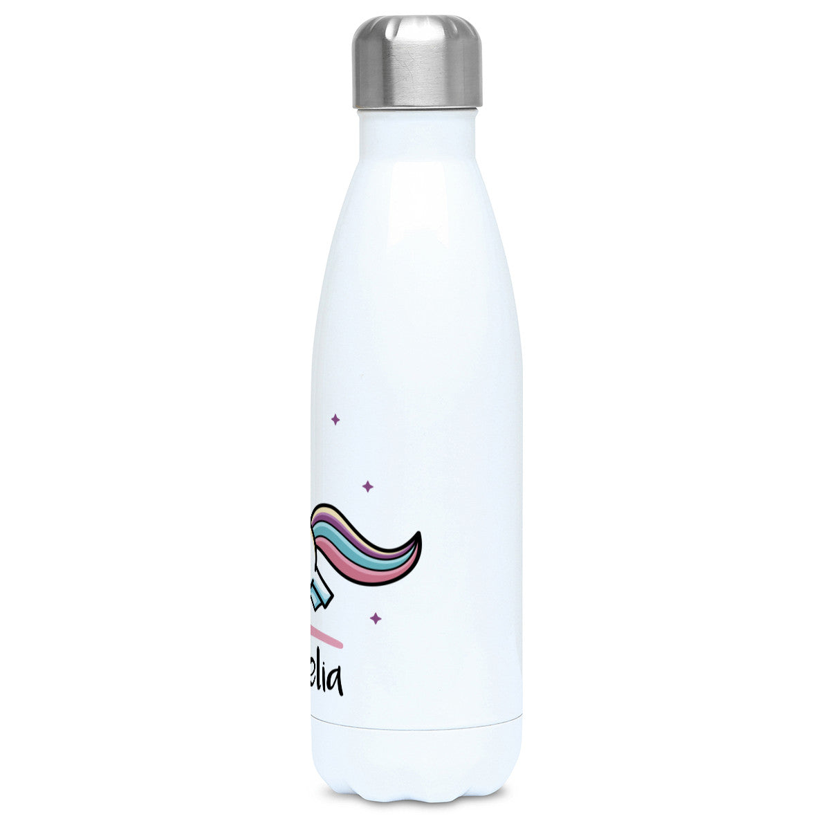 cute pastel coloured leaping unicorn and personalised name on a white metal insulated drinks bottle, side view