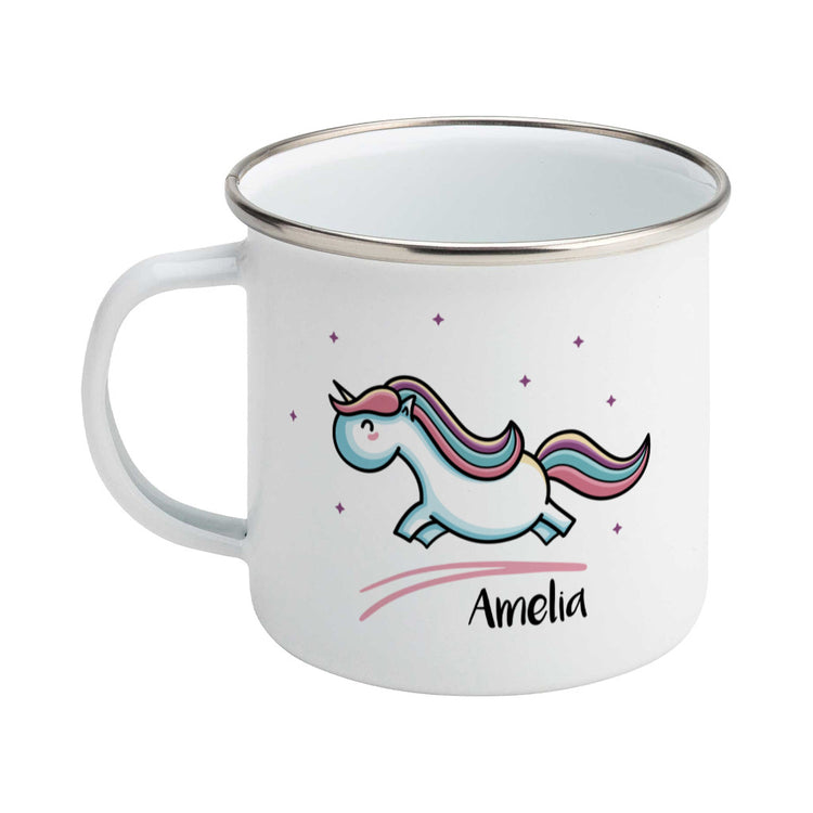 cute pastel coloured leaping unicorn and personalised name on a silver rimmed white enamel mug, showing LHS