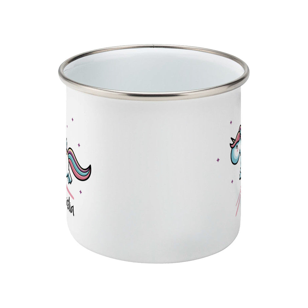 cute pastel coloured leaping unicorn and personalised name on a silver rimmed white enamel mug, side view