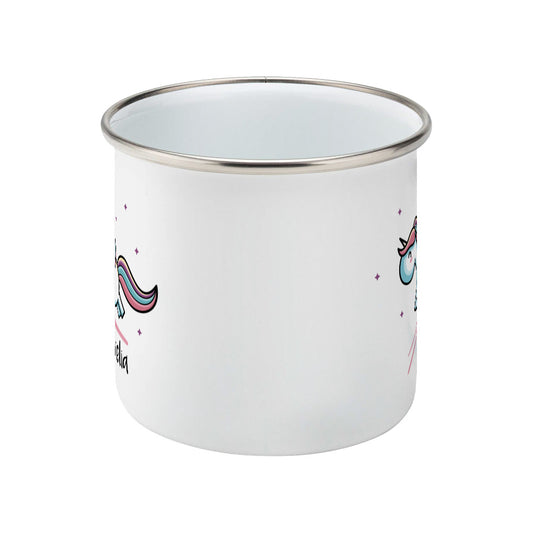 cute pastel coloured leaping unicorn and personalised name on a silver rimmed white enamel mug, side view