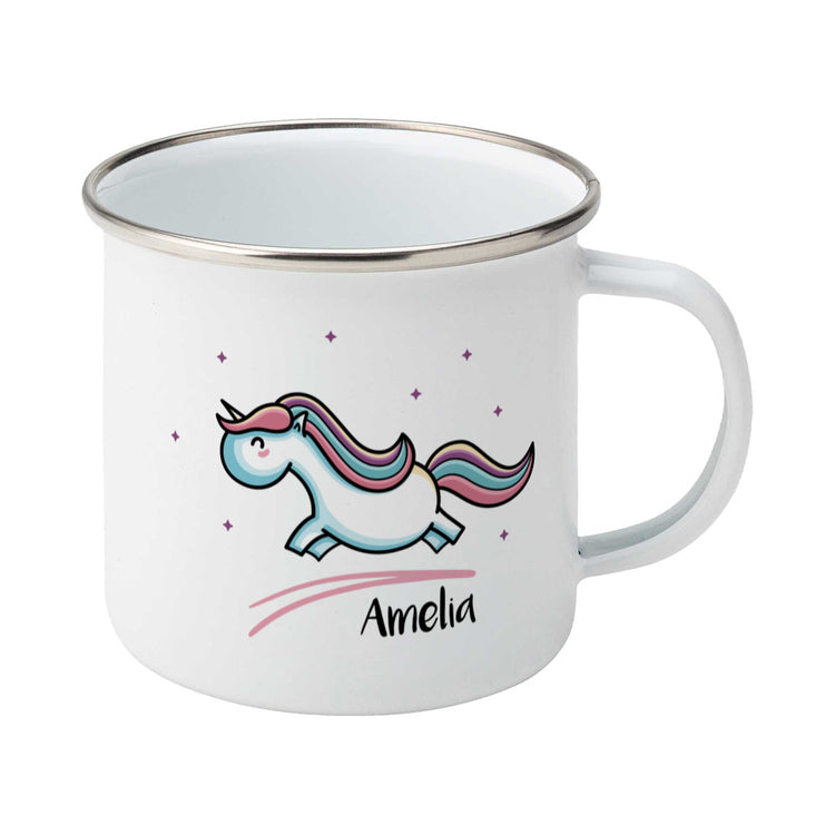 cute pastel coloured leaping unicorn and personalised name on a silver rimmed white enamel mug, showing RHS