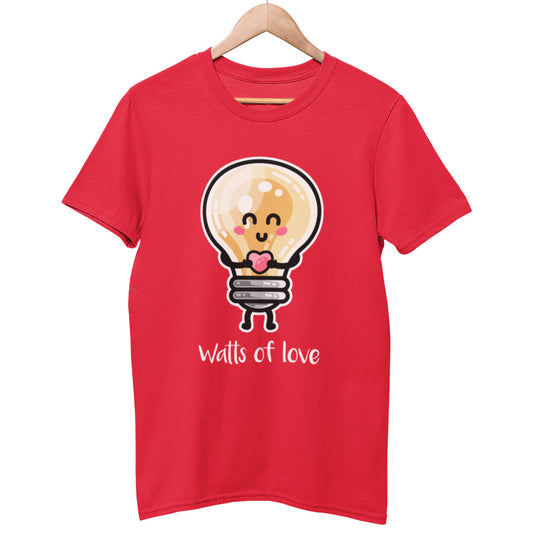 A red unisex crewneck t-shirt on a hanger with a design on its chest of a kawaii cute happy lightbulb with arms and legs standing straight on holding a pink heart and with the words watts of love written beneath in white