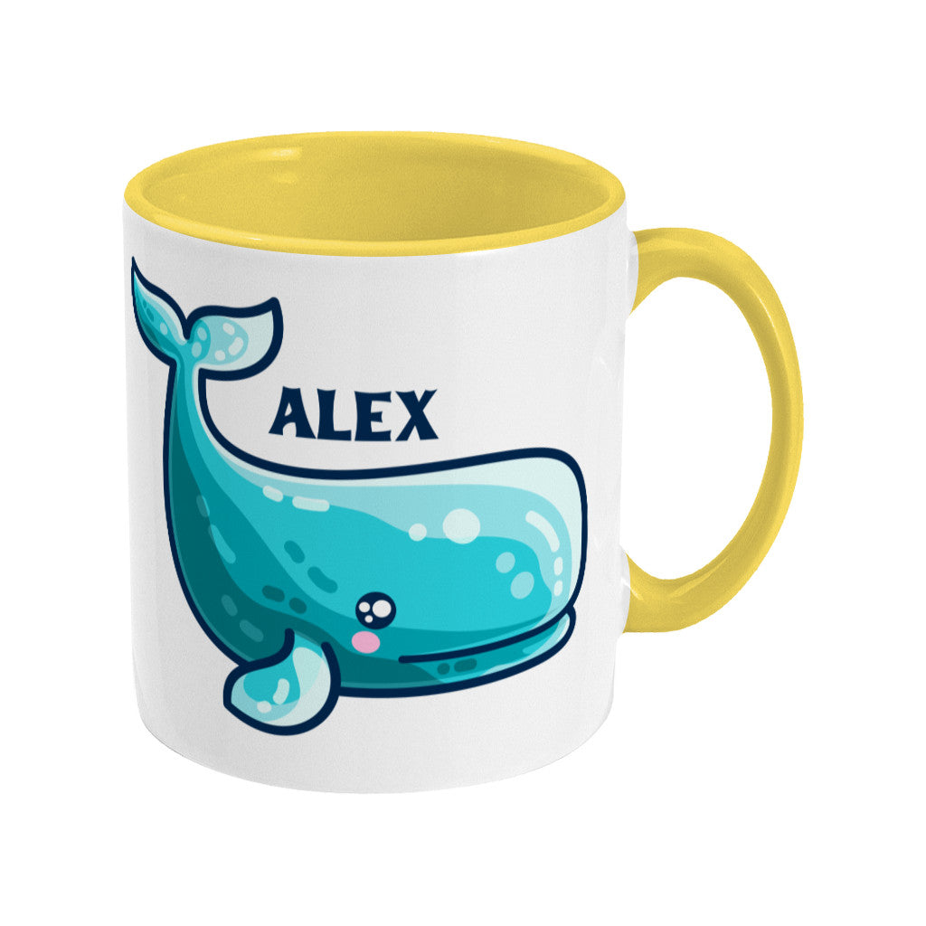 a cute sperm whale design shown on a white ceramic mug with a yellow handle on the right and personalised with the name Alex