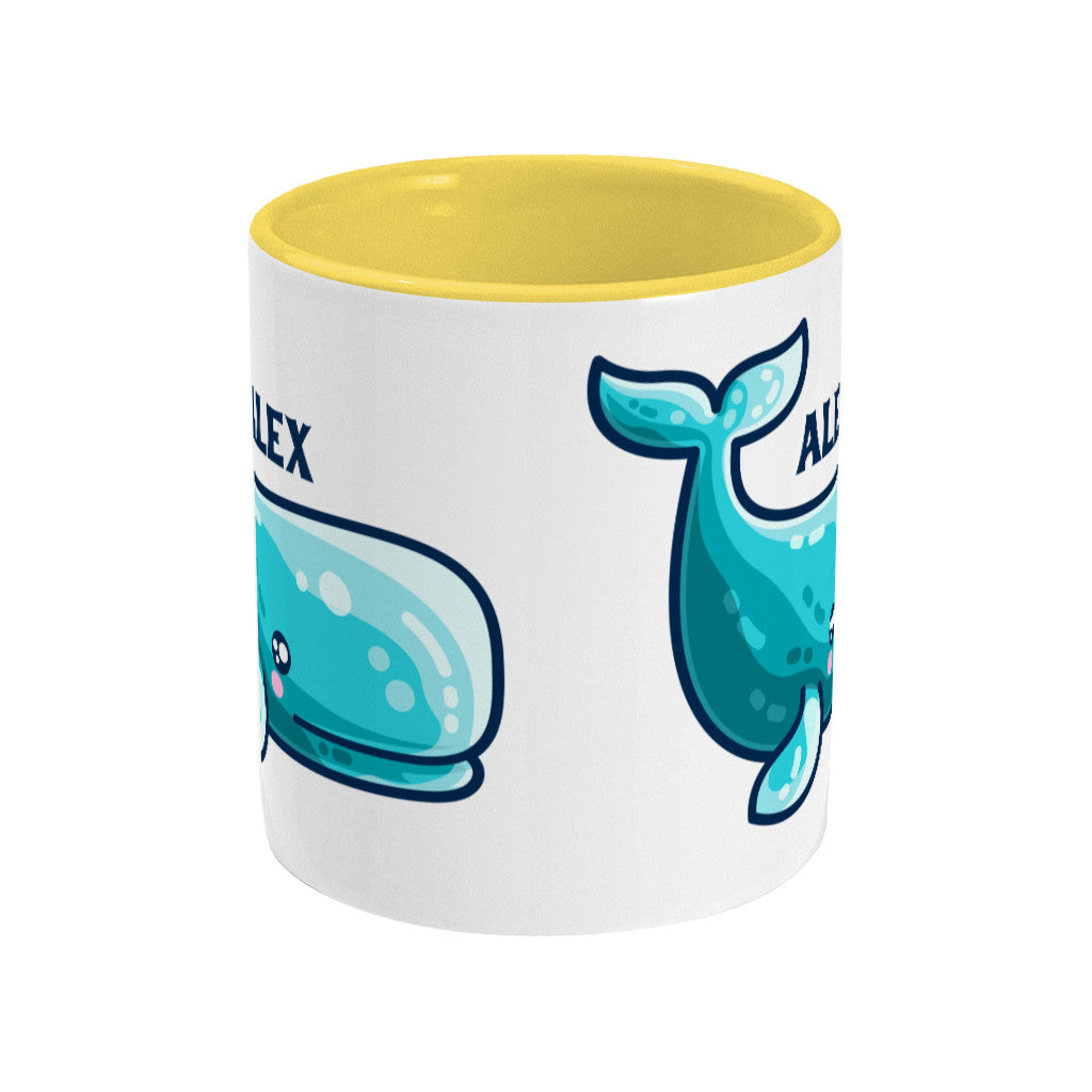 a cute sperm whale design shown on a white ceramic mug with a side view and personalised with the name Alex