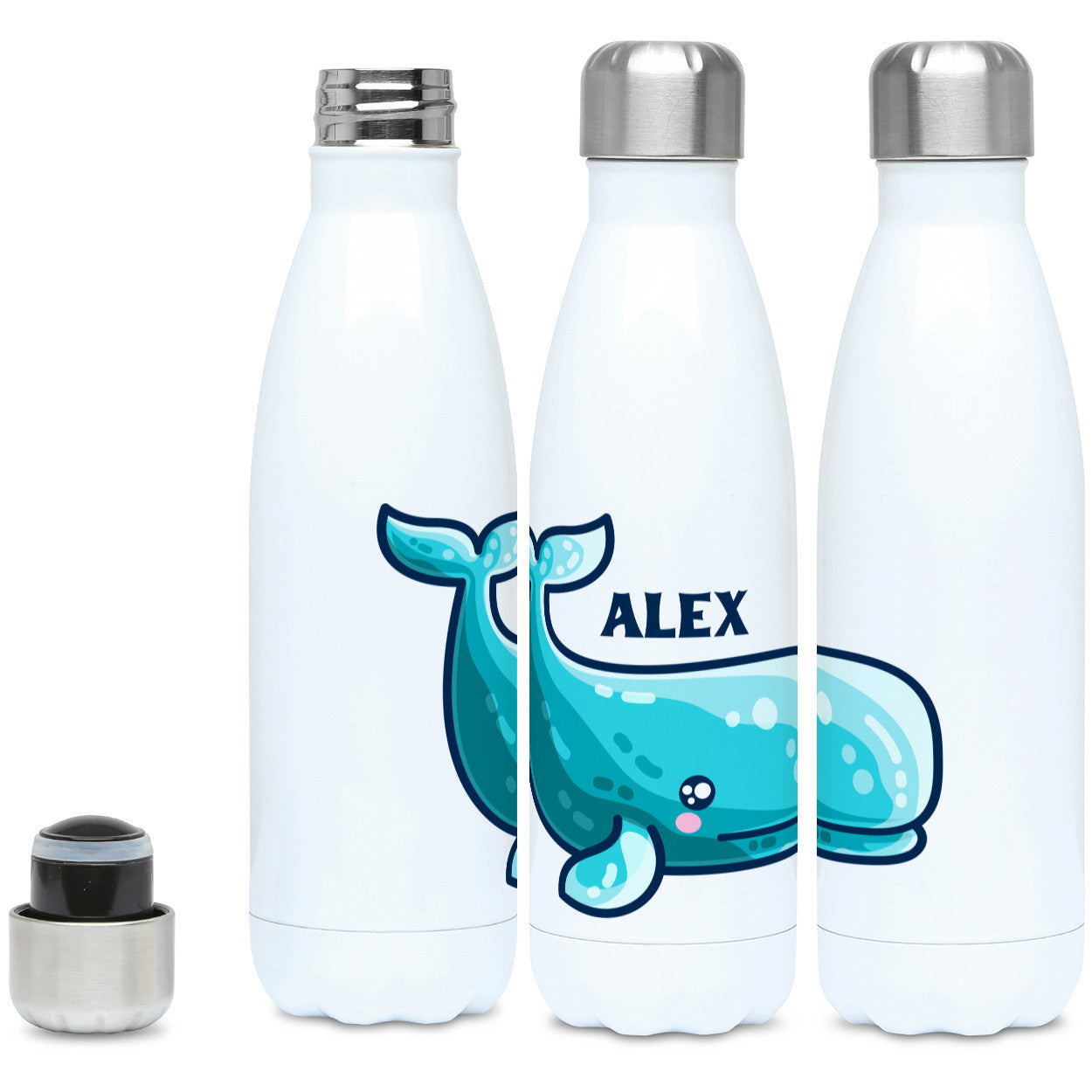 a cute sperm whale design shown on a white stainless steel bottle and personalised with the name Alex