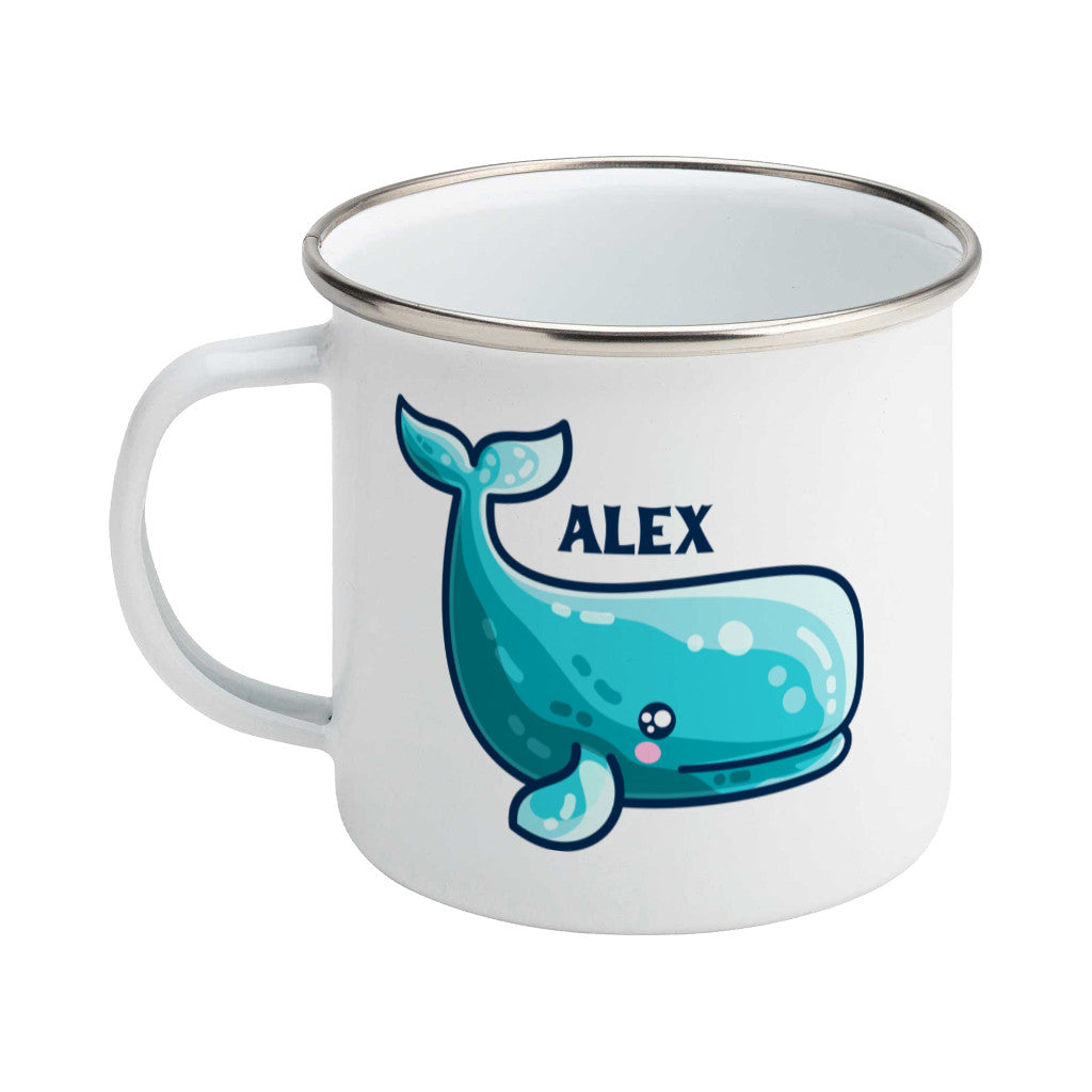 a cute sperm whale design shown on a white enamel mug with the handle on the left and personalised with the name Alex