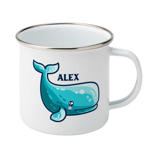 a cute sperm whale design shown on a white enamel mug with the handle on the right and personalised with the name Alex