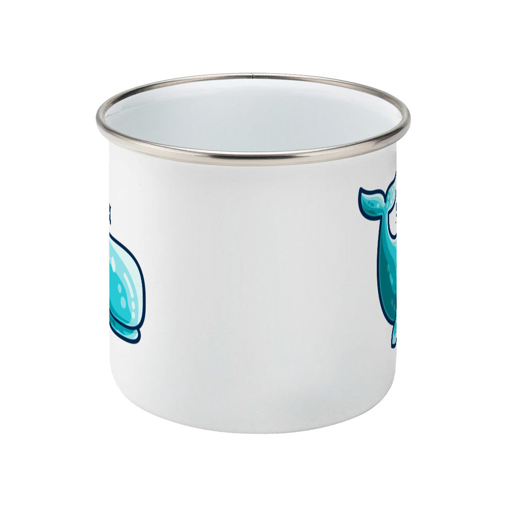a cute sperm whale design shown on a white enamel mug with a side view and personalised with the name Alex