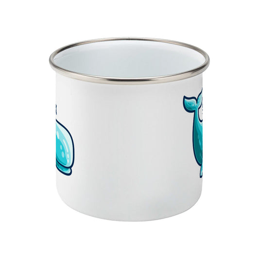 a cute sperm whale design shown on a white enamel mug with a side view and personalised with the name Alex