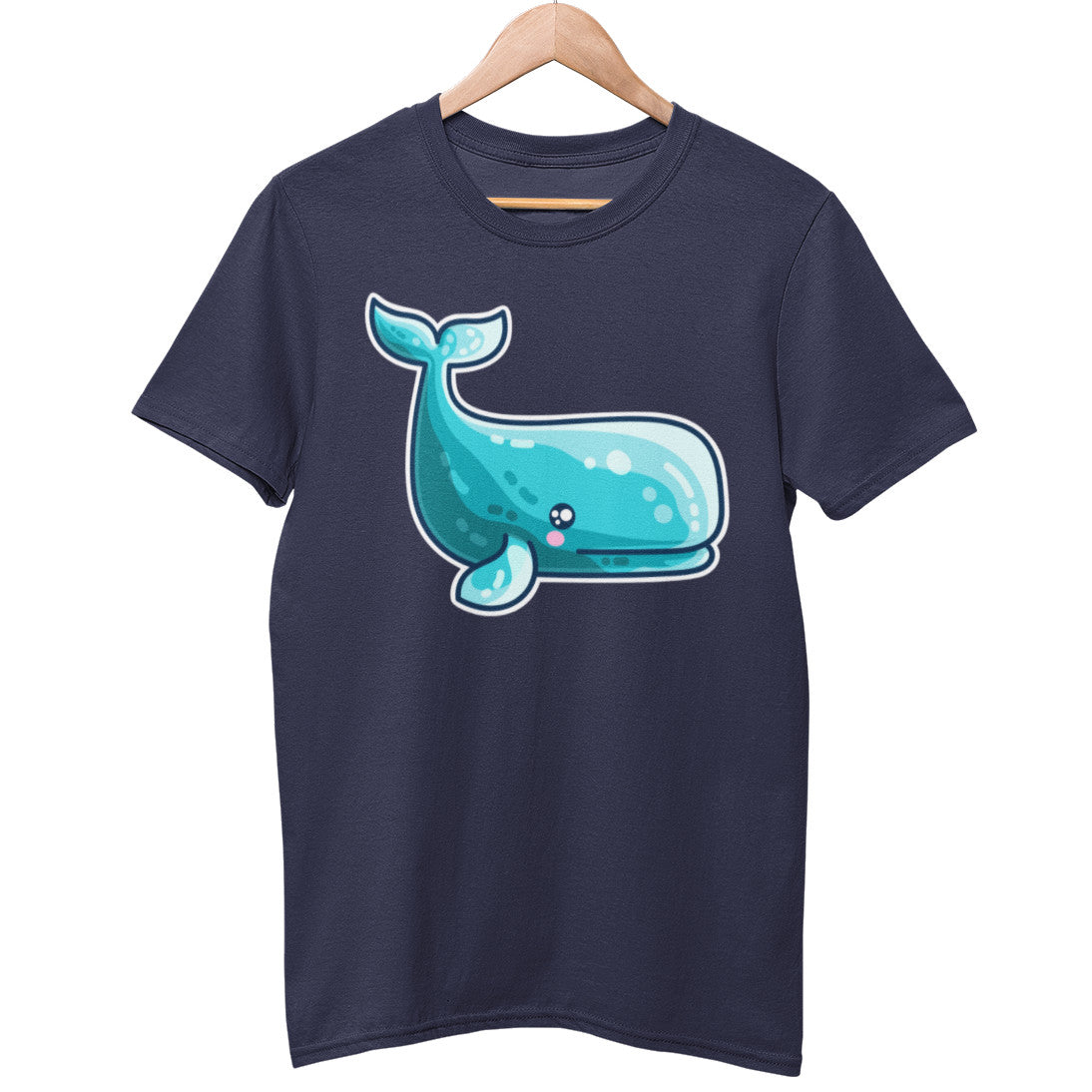 A navy blue unisex crewneck t-shirt on a wooden hanger with a design on its chest of a turquoise kawaii cute whale facing to the right